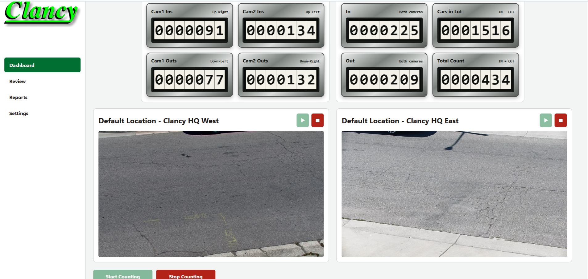 The Clancy Counter dashboard: live camera pane on the left, mechanical-style counters for in, out, cars in lot and total on the right