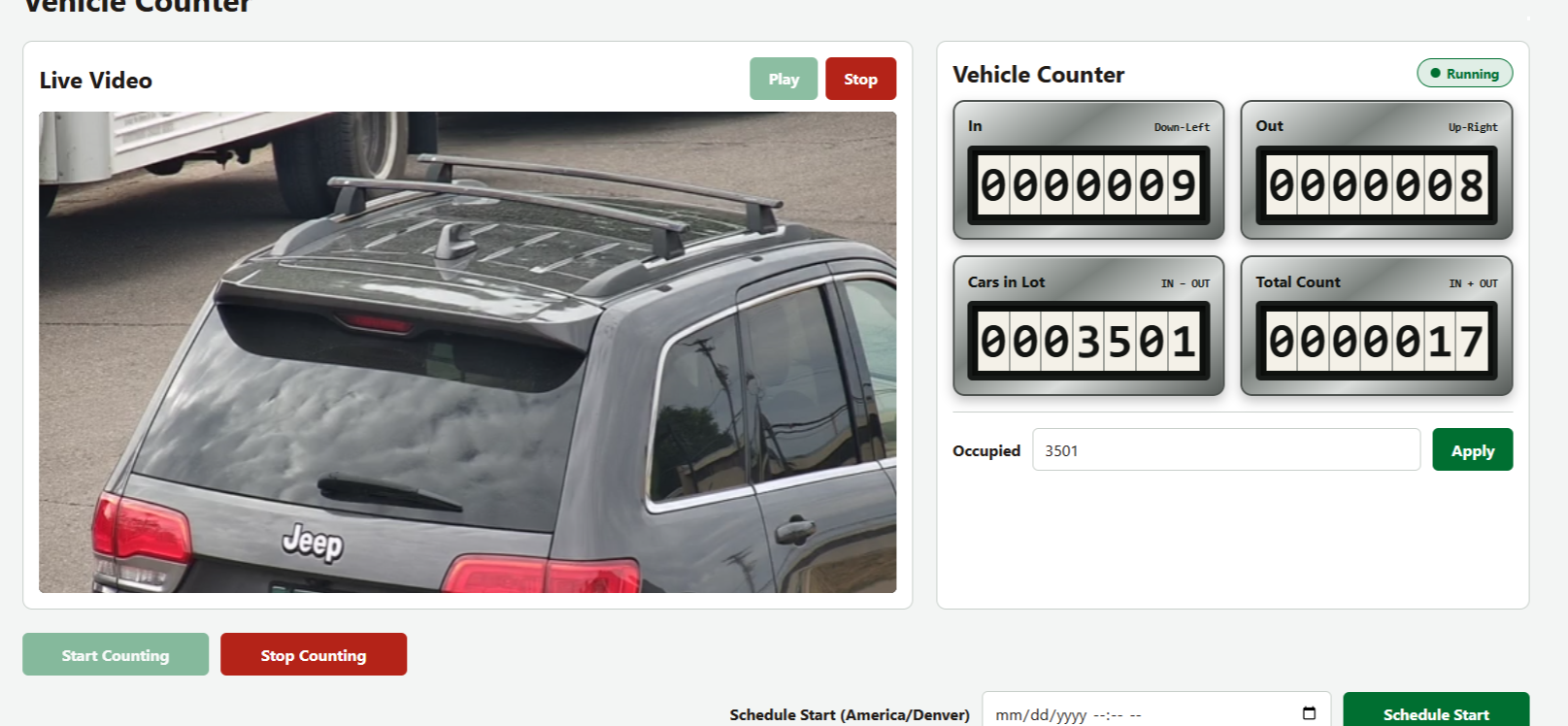 The Clancy Counter dashboard: live camera pane on the left, mechanical-style counters for in, out, cars in lot and total on the right