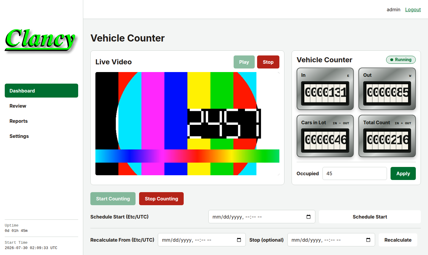 The Clancy Counter dashboard: live camera pane on the left, mechanical-style counters for in, out, cars in lot and total on the right